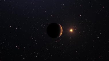 Venüs gezegeninin Güneş 'in yörüngesindeki hareketi. Venüs 'ün hareketinin 3 boyutlu çizimi. Derin uzayın astronomik görüntüsü.
