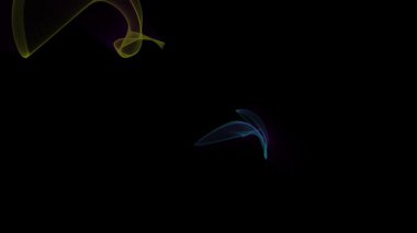 Üç boyutlu uzayda dönen renkli sıvılar sahnesi. Formların hafifliği ve açıklığı. Parçacıklardan ve çizgilerden gelen şekillerin parlaklığı.