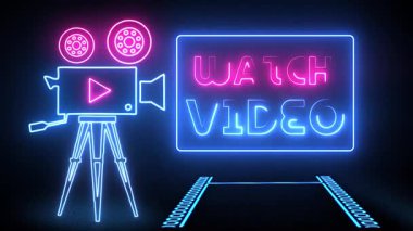 Parlayan neon ışıkları olan bir video kamera. Video şovu. Video konsepti. vektör illüstrasyonu