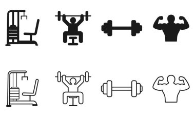 Spor Salonu ve Kuvvet Simgeleri Minimalist Halter ve Egzersiz Silüetleri Ekipman, Pozisyonlar ve Spor Temaları İçin Kas Esneme