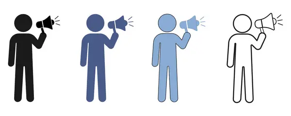 Megafon ve Duyuru Simgeleri Biçimlendirilmiş Kişinin Silüetleri Siyah, Mavi ve Beyaz Arkaplanda Dış Hatlar Varyasyonları ile Konuşuyor