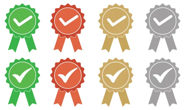 Kurdele Rozeti Simgesi Renkli Başarı Sembollerini Onaylama ve Onaylama İşaretleriyle Ayarla