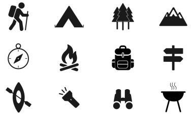 Kamp ve Açık Hava Eylem Simgesi Doğa, Macera ve Seyahat İçin Minimalist Vektör Sembolleri Ayarladı