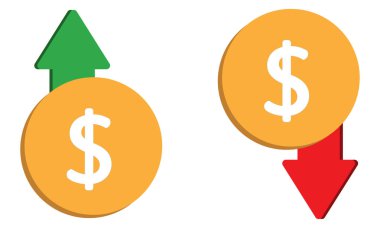 Finansal Trend Piyasa Büyümesi ve Düşüşü için Yukarı ve Aşağı Oklarla Dolar Simgesi İmzalandı