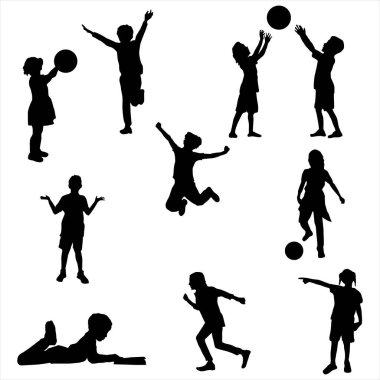 Çocuk Etkinliği Silüetleri Vektör Çocuklar koşuyor, zıplıyor ve Top Oynuyor