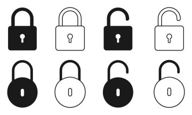 Kare ve Dairesel Biçimlerde Asma Kilit Simgesi Ayarları Kilitli ve Kilitsiz Güvenlik Sembolleri