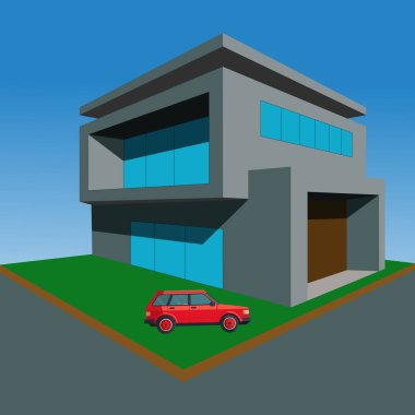 Modern house stands tall with its clean lines and geometric design a red car parked neatly outside on the green lawn under a clear blue sky representing contemporary living and architectural innovation.