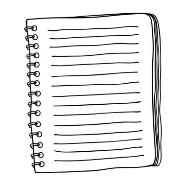 Elle çizilmiş boş beyaz defter sayfaları. Okul tasarımı, planlamacılar, çıkartmalar, boyama sayfaları, eğitim posterleri veya yaratıcı projeler için sevimli siyah-beyaz çizim.