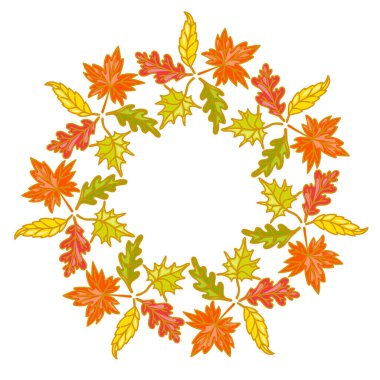Yuvarlak çerçeve, parlak meşe ve akçaağaç yapraklı çelenk. Karikatür şeklinde el çizimi çerçeve. Düşen yaprakların vektör çizimi. Tebrik kartları, posterler, afişler ve dekorlar için mükemmel.. 