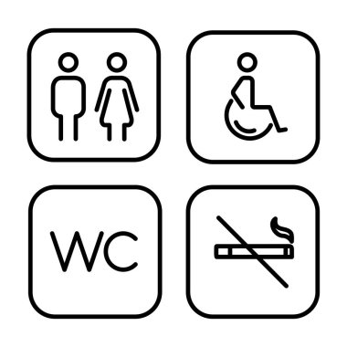 Erkekler, kadınlar ve engelli tuvaletler için semboller gösteren kare tuvalet çizgisi ikonu. Tuvalet dahil ve sigara içilmiyor. Tuvalet tabelası ve UI tasarımı için basit ana hatlı vektör çizimi.