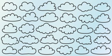 Karalama karikatür çizim tarzında mavi arkaplanda siyah bulutlar. Çeşitli şekillerde el yapımı bulut elementleri. Hava durumu temaları, çocuk çizimleri ve eğlenceli tasarım kavramları için mükemmel.