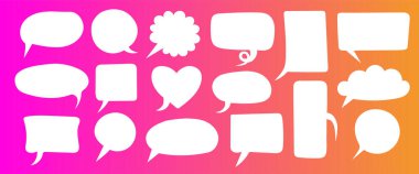 Çizgi film tarzında boş beyaz bir konuşma balonu seti. Çizgi roman diyalogları, sohbet kutuları, mesajlar, düşünceler veya pop sanat tasarımları için vektör konuşma baloncukları. Çizgi roman ve manga için mükemmel...