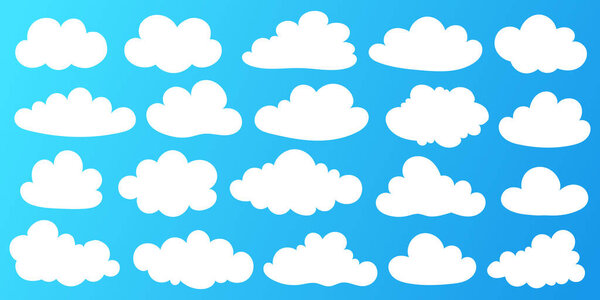Мультфильм в стиле плоского дизайна коллекции белых пушистых и кумульных облаков на голубом небе. Простые абстрактные формы облаков. Перфект для кошек, погодные темы, детские иллюзии и игривый дизайн.