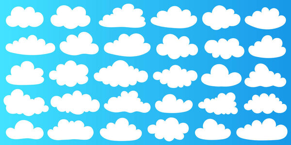 Мультфильм в стиле плоского дизайна коллекции белых пушистых и кумульных облаков на голубом небе. Простые абстрактные формы облаков. Перфект для кошек, погодные темы, детские иллюзии и игривый дизайн.