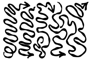 Ok vektör çizgisi simgeleri ayarlandı. Yaratıcı karalama tarzında el çizimi oklar. Kıvrımlı, dairesel ve kıvrımlı oklar yarım yamalak çizgiler ve titreme etkisi. Vektör illüstrasyonu.