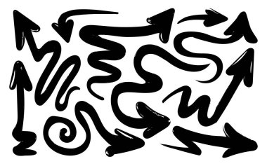 Oklar elle çizilmiş, fırça ve kalemle yapılmış. Kıvırcık, dairesel ve dönüş sembolleri de dahil olmak üzere birçok yöne kalın oklar karala. Grunge 'da sallanan siyah oklar. 