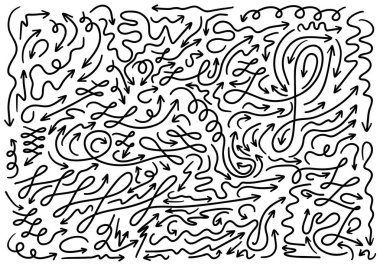 Farklı yönlere ve tarzlara sahip büyük bir el çizimi basit siyah oklar. Tasarım için minimalist karalama oku ayarlandı. Kıvrımlı, dairesel ve dönme sembollerini içeren birden fazla yönde oklar.