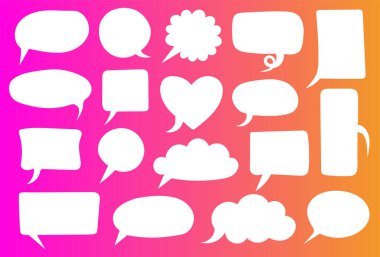 Çizgi film tarzında güzel bir konuşma balonu seti. Çizgi roman diyalogları, sohbet kutuları, mesajlar, düşünceler veya pop sanat tasarımları için vektör konuşma baloncukları. Çizgi roman ve manga için mükemmel.