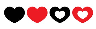 Beyaz arkaplanda izole edilmiş kalp vektör simgeleri. Kırmızı ve siyah kalp simgeleri vektör ayarla