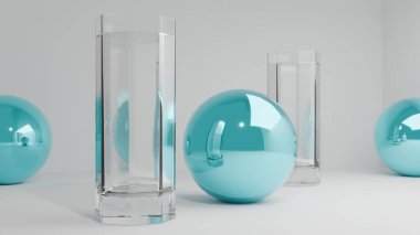 Temiz ve modern 3 boyutlu, şeffaf bir bardak su ve minimal beyaz arka planda parlak cyan küreler içeriyor. Berraklık, saflık, denge ve minimalizm gibi kavramlar için mükemmel. Reklam, web tasarımı ve ürün moc için ideal