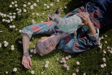 Bir kadın, göğsünde yeşil bir kazak olan bir Sphynx kedisiyle papatya tarlasında dinleniyor..