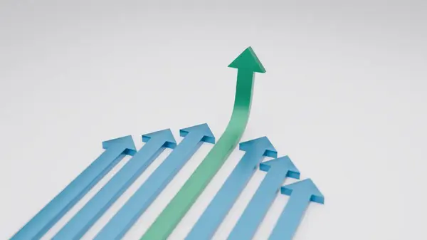 Göze çarpan yeşil bir okun 3D görüntüsü yukarı ve ileri doğru düz mavi oklar boyunca kıvrılıyor. Liderliği, yeniliği, başarıyı, yönü, eşsizliği ve büyümeyi simgeler..