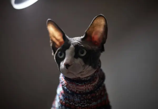 Kanadalı bir Sphynx kedinin sanatsal ve karamsar portresi. Sıcak ışıklandırma tüysüz kedinin benzersiz özelliklerini vurgular.