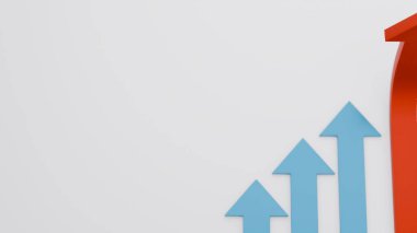 Yukarı doğru kıvrılan ve temiz beyaz arkaplanda düz mavi oklar arasında ilerleyen koyu kırmızı bir okun üç boyutlu çizimi. Liderliği, bozulmayı, başarıyı, yeniliği, stratejiyi simgeler