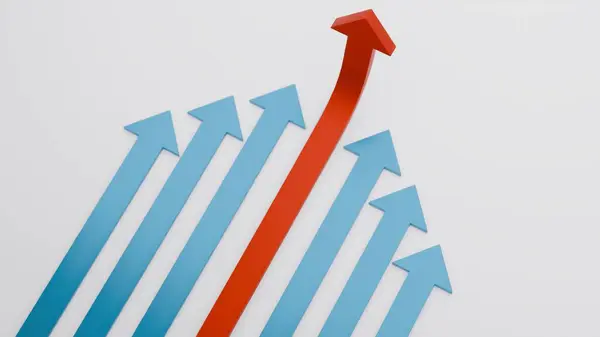 Yukarı doğru kıvrılan ve temiz beyaz arkaplanda düz mavi oklar arasında ilerleyen koyu kırmızı bir okun üç boyutlu çizimi. Liderliği, bozulmayı, başarıyı, yeniliği, stratejiyi simgeler