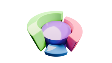 Merkezi dairesel bir çekirdek etrafında yeşil, pembe ve mavi renkli parlak pastel segmentleri olan bir pasta grafiğinin modern 3D logosu.