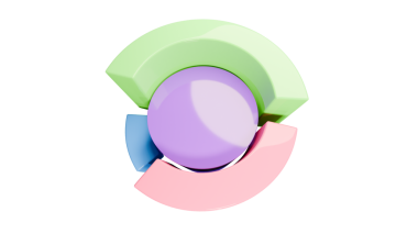 Merkezi dairesel bir çekirdek etrafında yeşil, pembe ve mavi renkli parlak pastel segmentleri olan bir pasta grafiğinin modern 3D logosu.