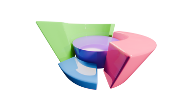 Merkezi dairesel bir çekirdek etrafında yeşil, pembe ve mavi renkli parlak pastel segmentleri olan bir pasta grafiğinin modern 3D logosu.