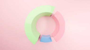 İşletme analitiğini, pazar payını veya istatistikleri temsil eden pastel renkli bir pasta grafiğinin üç boyutlu biçimlendirilmesi. Bilgi grafikleri, raporlar, sunumlar vs. için temiz, minimal ve soyut bir tasarım ideal