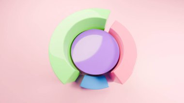 İşletme analitiğini, pazar payını veya istatistikleri temsil eden pastel renkli bir pasta grafiğinin üç boyutlu biçimlendirilmesi. Bilgi grafikleri, raporlar, sunumlar vs. için temiz, minimal ve soyut bir tasarım ideal