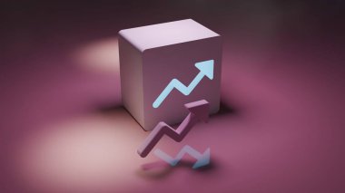 Pembe zigzag okun modern 3D çizimi parlayan ok sembollü pastel bir küpten yansıyor..