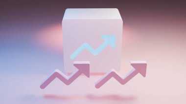 Pembe zigzag okun modern 3D çizimi parlayan ok sembollü pastel bir küpten yansıyor..