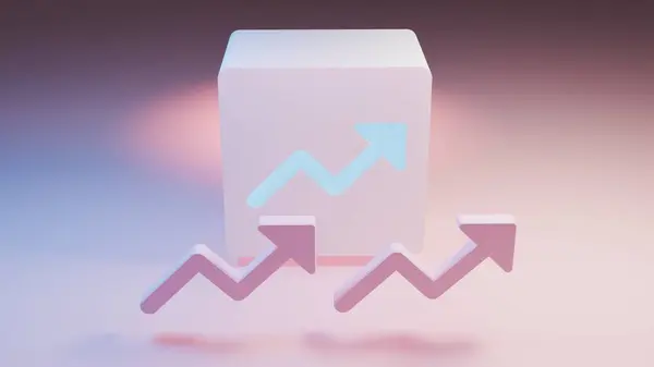 Pembe zigzag okun modern 3D çizimi parlayan ok sembollü pastel bir küpten yansıyor..