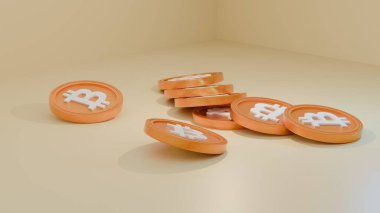 Minimalist bir odada 3 boyutlu şekillendirilmiş Bitcoin paraları. Kriptoyla ilgili web sayfaları, makaleler ve finansal tasarım içeriği için ideal.