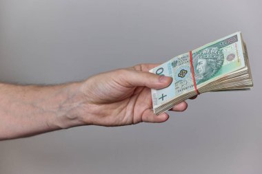 Tarafsız bir arkaplanda Polonyalı zloti banknotlarını tutan bir elin yakın çekimi. Maaş, tasarruf, bütçe, yatırım, gelir, finans veya ekonomik işlem kavramı.
