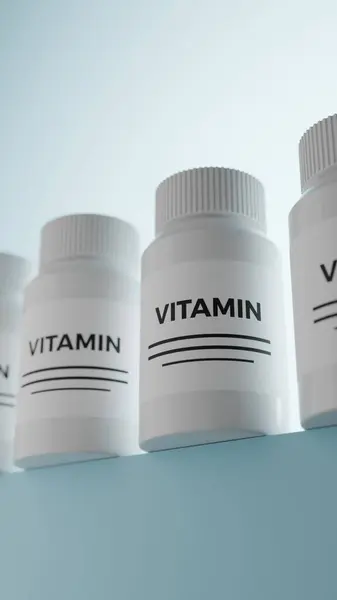 Açık mavi bir zemin üzerine yerleştirilmiş üç beyaz vitamin takviyesi şişesi, sağlık ürünlerini ve ambalajı temsil ediyor..