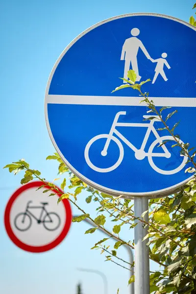 Kırmızı kenarlı, arkasında bisiklet işareti olmayan, ortak yaya ve bisiklet yolunu gösteren mavi dairesel bir trafik işareti. Güneşli bir günde çekilmiş, yol kullanımını ve güvenliği sembolize ediyor.
