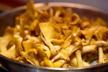 Geleneksel bir yemek olarak sunulan kızarmış mantarla dolu bir köy kasesi.