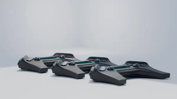 Parlak mavi aksanları olan bir grup gelecekçi siyah oyun denetleyicisi.