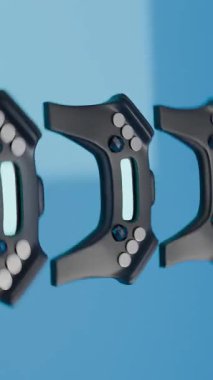 Mavi üzerinde perspektifte gösterilen fütürist denetleyicilerin dikey döngülü videosu.