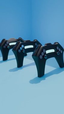 Mavi bir arkaplan üzerinde fütürist siyah oyun denetleyicilerinin dikey döngü videosu.