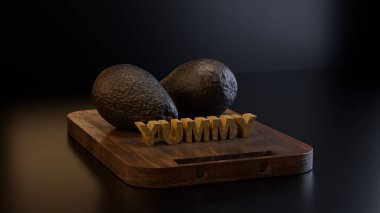 Ahşap bir tahtada, iştah açıcı ürün ve oyuncu gıda kavramını vurgulayan 'leziz' sözcüğüyle iki avokadonun stilize edilmiş üç boyutlu çizimi..