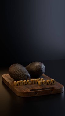 'Sağlıklı Gıda' metniyle ahşap bir tahtada iki avokadonun dikey 3D görüntüsü, dikey formatlar ve besin teması gösteren sosyal medya afişleri için ideal.