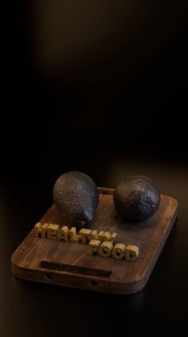 İki avokado ve 'Sağlıklı Yemek' metninin dikey 3D görüntüsü açılı bir perspektifte, beslenme temasını sinematik bileşimle birleştirerek.