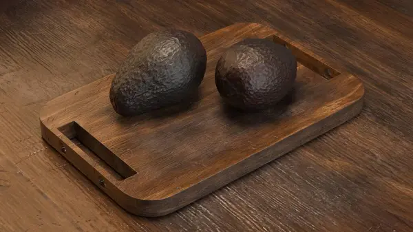 Yumuşak doğal ışık altında ahşap bir kesme tahtasına yerleştirilmiş iki avokadonun gerçekçi 3D görüntüsü sağlıklı yiyecekler, taze ürünler ve mutfak stilini çağrıştırıyor..