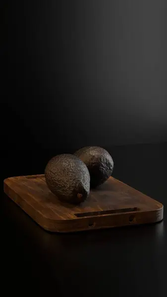 Kırsal ahşap bir kesme tahtasına yerleştirilmiş rafine edilmiş üç boyutlu bir avokado. Yumuşak karamsar ışıklandırma, sergilenen doku, taze üretim ve temiz bir arka planda modern gıda tasarımı..